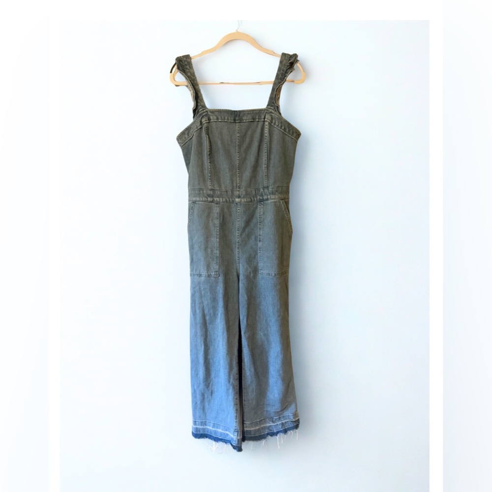Madewell Denim Wide Leg Cropped Utility Jumpsuit - Ruffle Straps- Raw Hem- 10